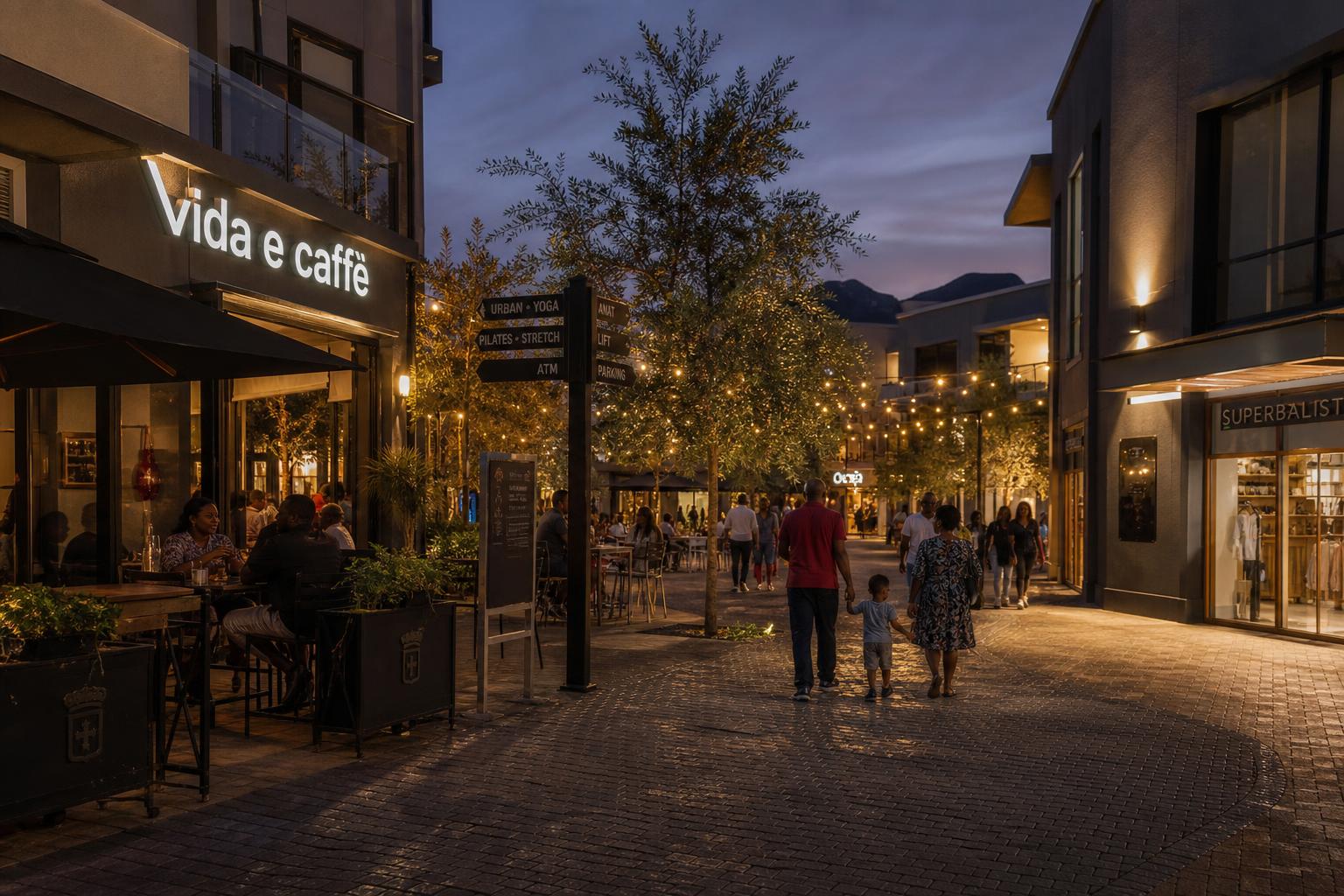 Retail plaza at dusk